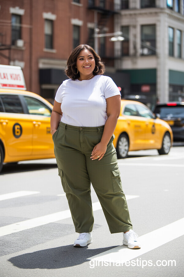 Confident Olive Green Cargo Pants with Crisp White Tee