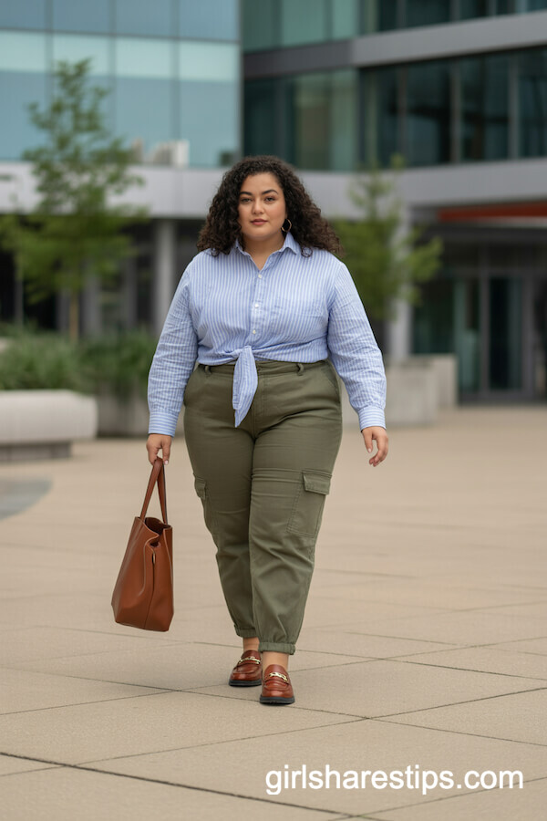 Business-Casual Olive Cargo Pants with Striped Button-Up