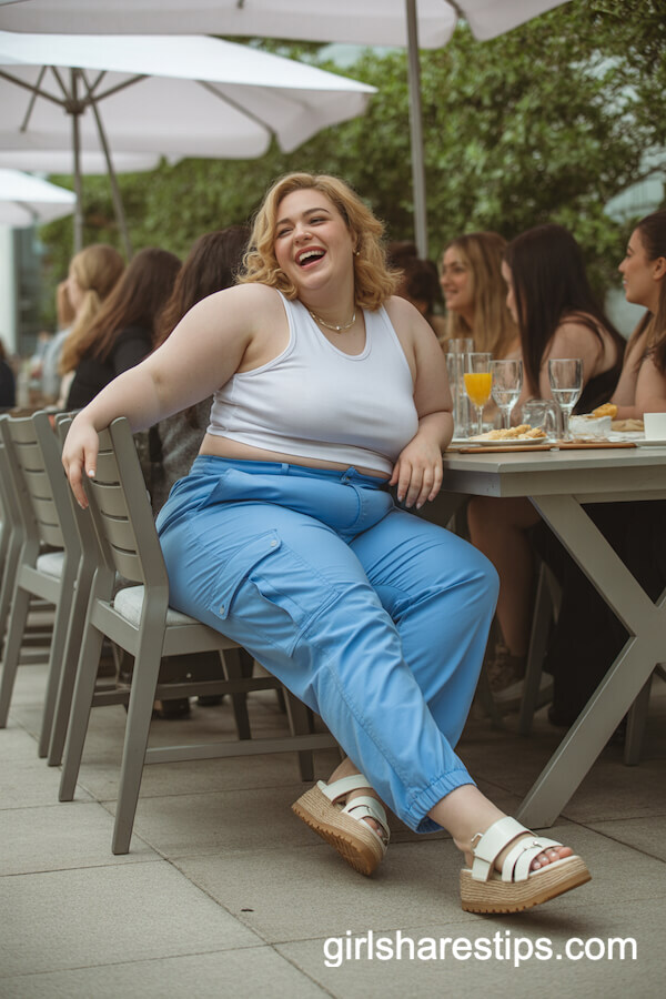 Bright Sky-Blue Cargo Pants and White Cropped Sweater