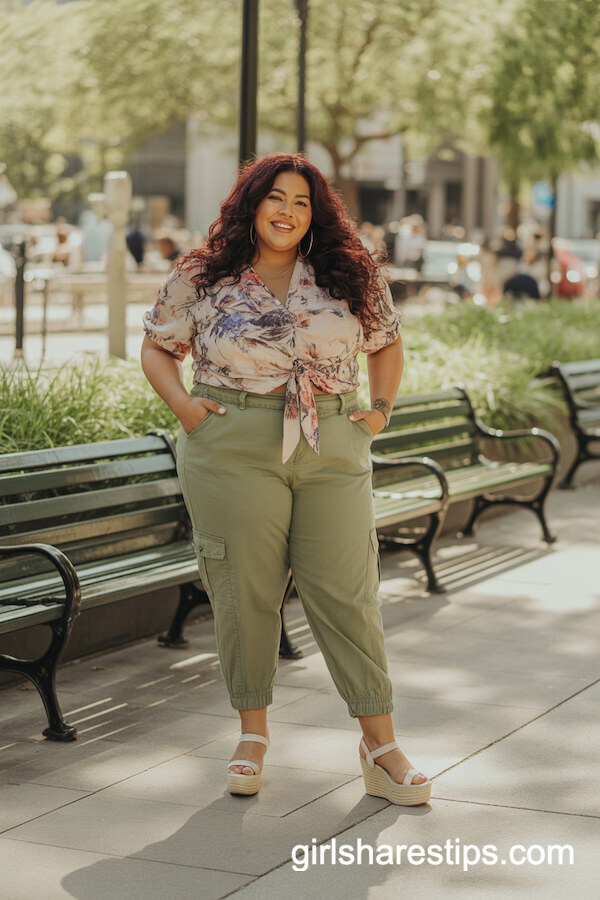 Floral Blouse with Khaki Cargo Pants Park Stroll