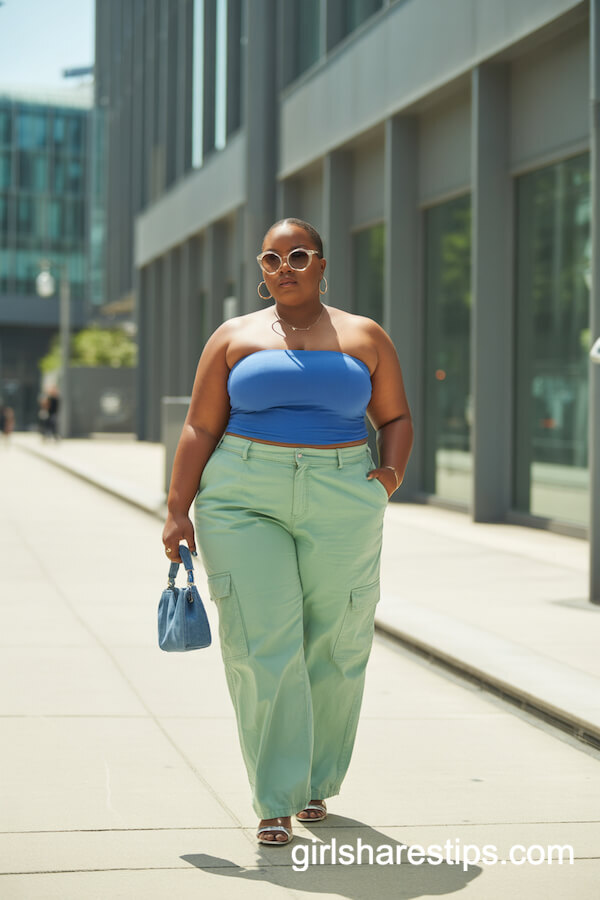 Mint Green Cargo Pants with Blue Strapless Tube Top