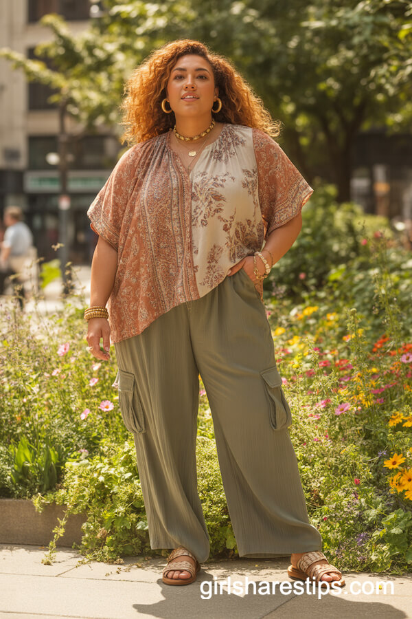 Boho Earth-Tone Cargo Pants in a City Garden