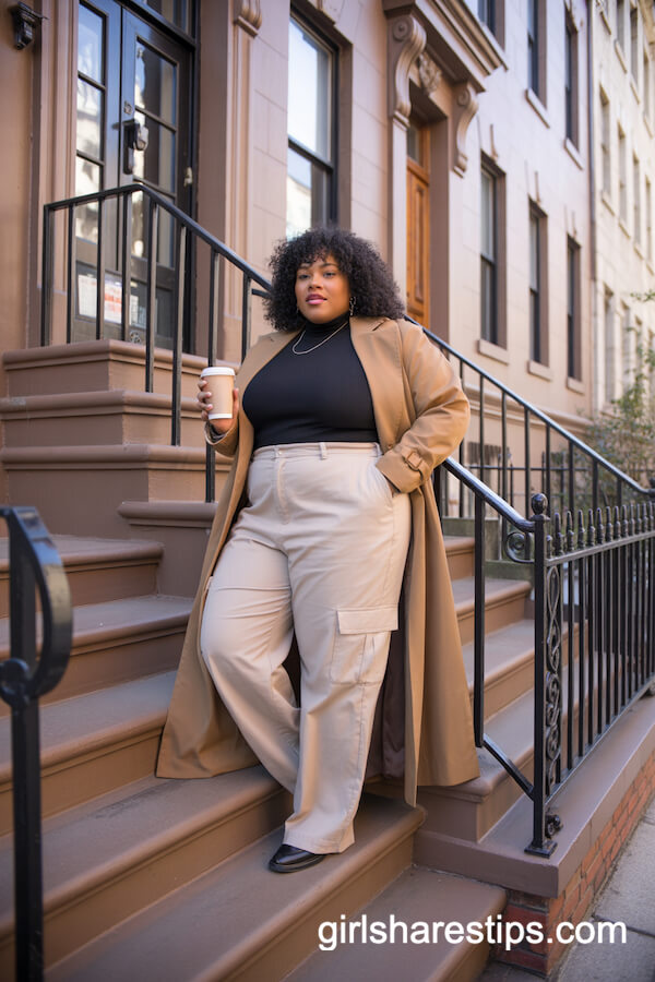 Chic Beige Cargo Pants Paired with a Black Turtleneck and Camel Trench Coat