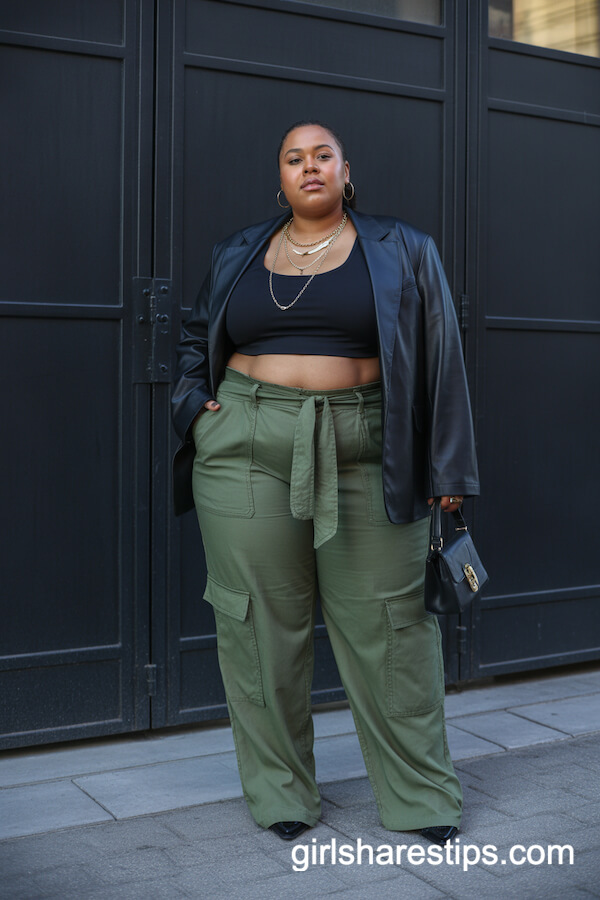Urban Olive Green Cargo Pants with Leather Blazer