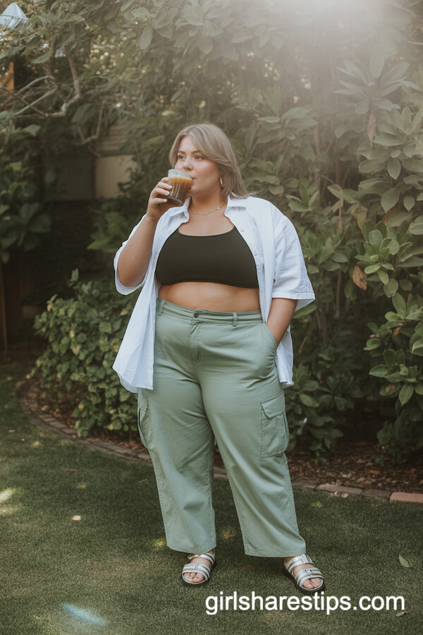 Relaxed Light Khaki Cargo Pants and Open Button-Down Shirt