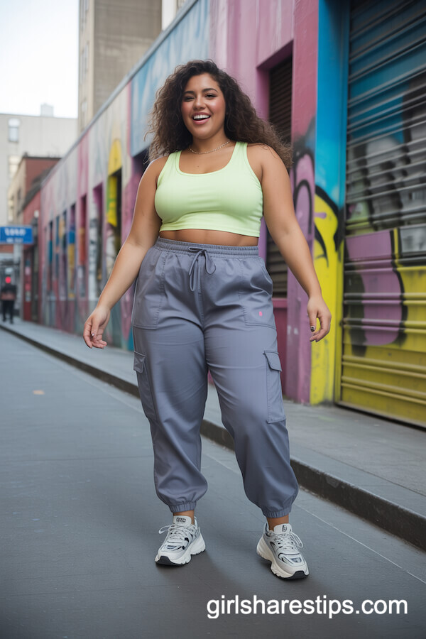 Fun Grey Cargo Joggers with Neon Crop Top