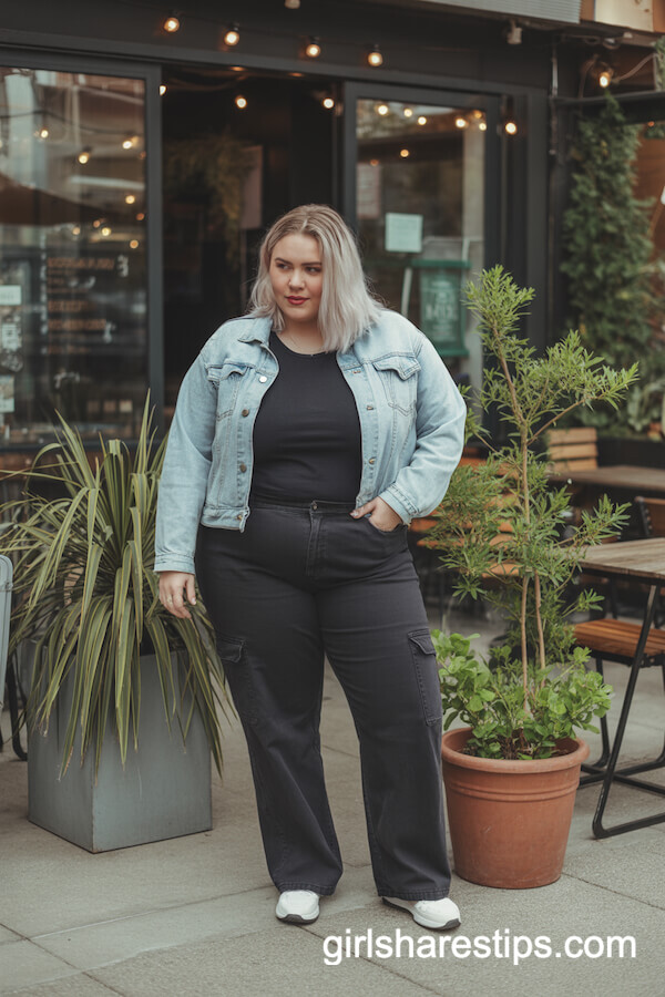Casual Black Cargo Pants and Denim Jacket Café Look