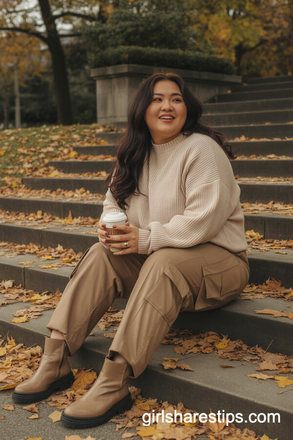 Cozy Tan Cargo Pants with Oversized Cream Sweater
