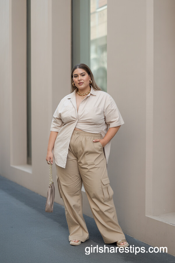 Minimalist Beige Cargo Pants with Matching Button-Up Shirt