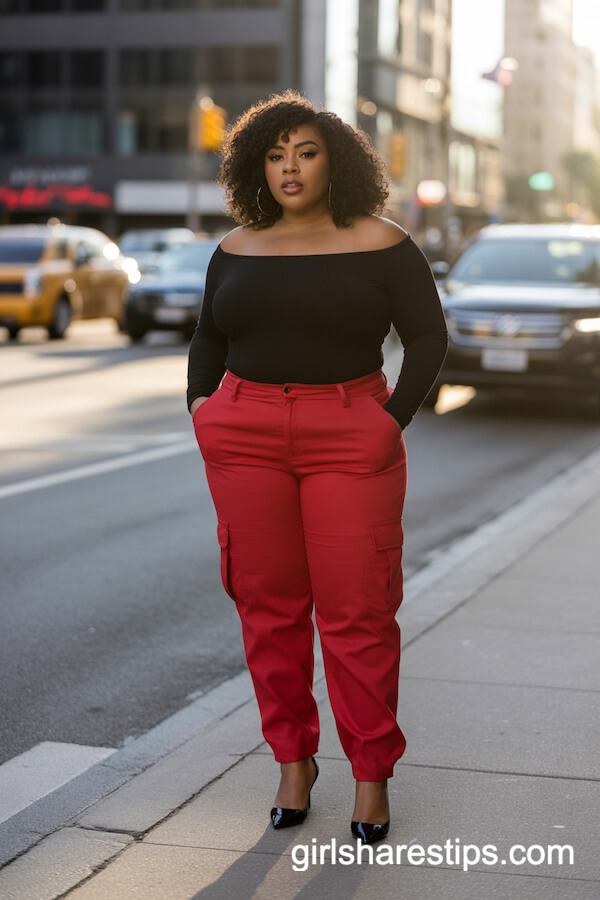 Bold Red Cargo Pants and Black Off-Shoulder Top