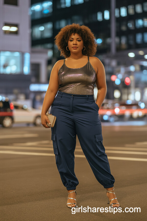 Sleek Navy Cargo Pants with Metallic Tank Top
