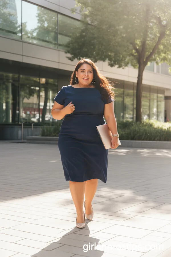 Navy Sheath Dress and Nude Pumps for a Polished Office Look
