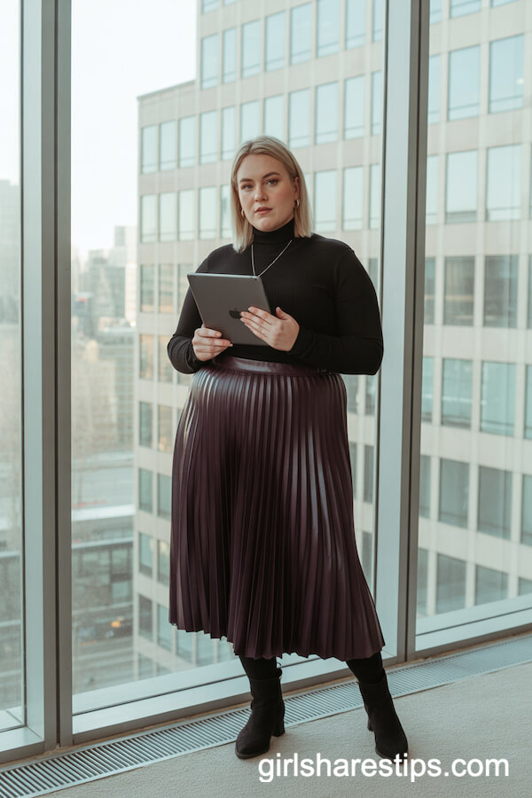 Purple Pleated Midi Skirt Black Turtleneck Sophistication