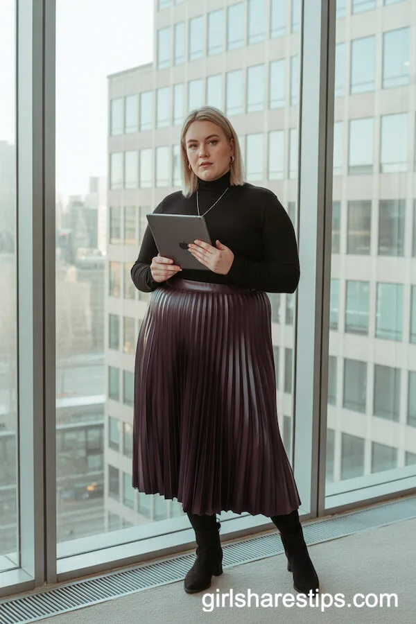 Purple Pleated Midi Skirt Black Turtleneck Sophistication