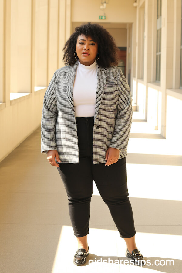 Checked Blazer with Black Cigarette Pants and Loafers