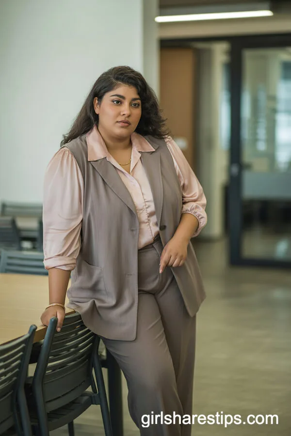 Taupe Vest and Trousers with a Soft Pink Blouse Ensemble