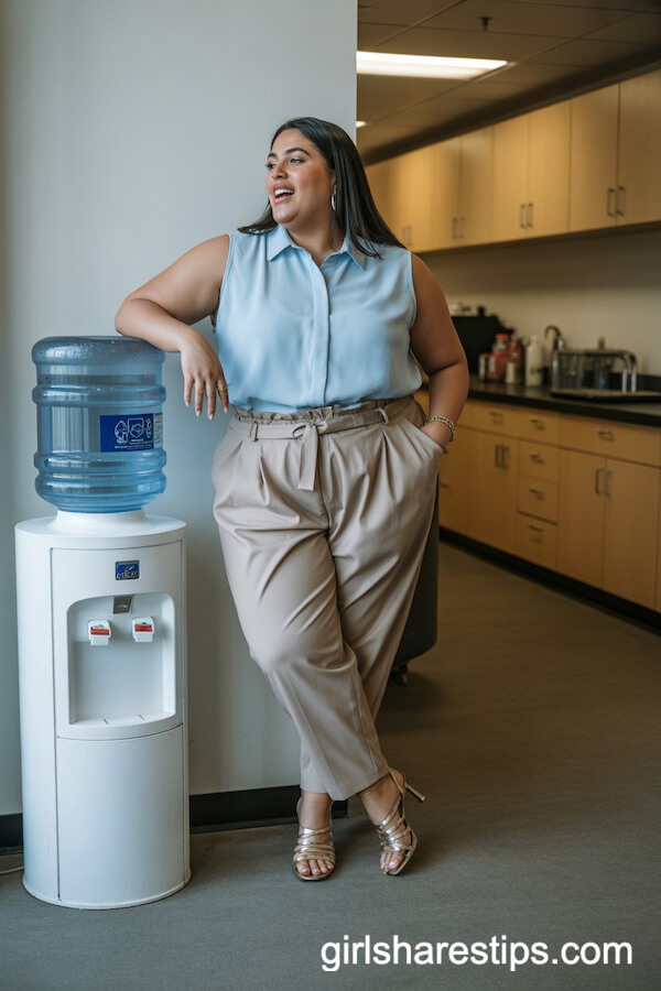 Light Blue Sleeveless Top with Beige Paperbag Trousers