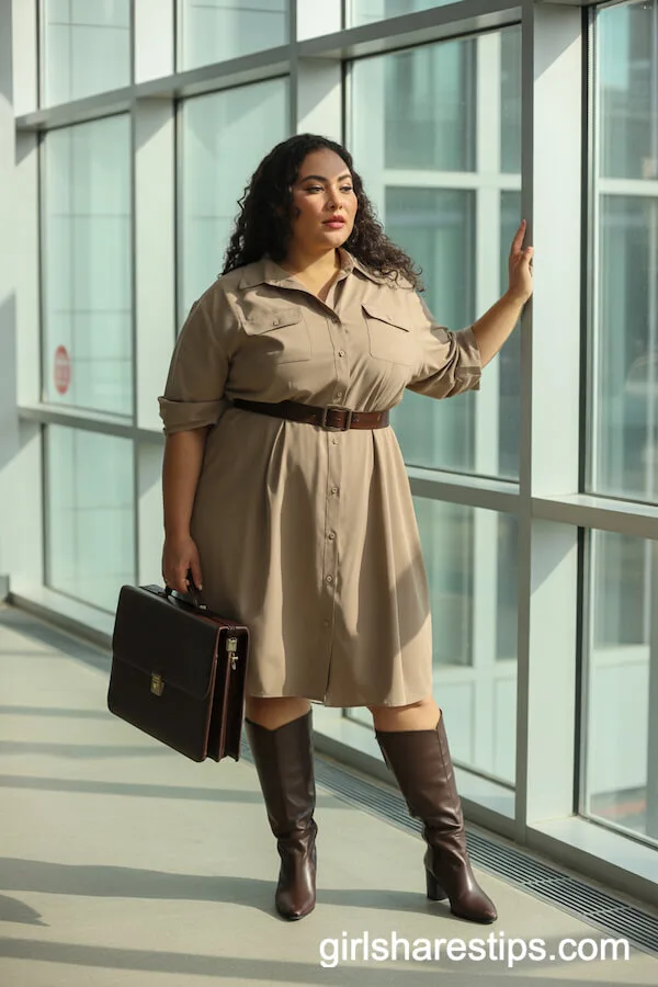 Tan Shirt Dress and Tall Brown Boots for a Confident Workday