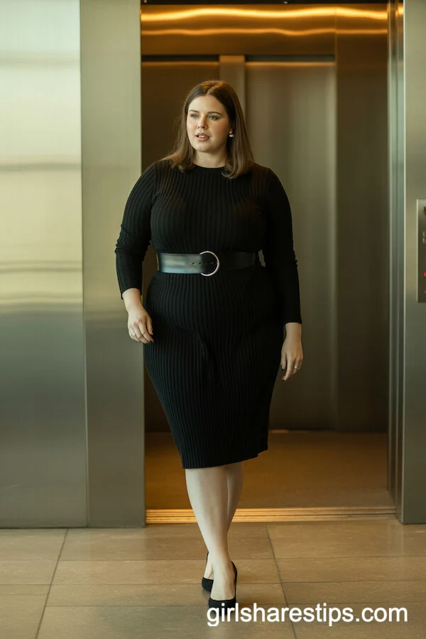 Fitted Black Knit Dress with Statement Belt and Pumps