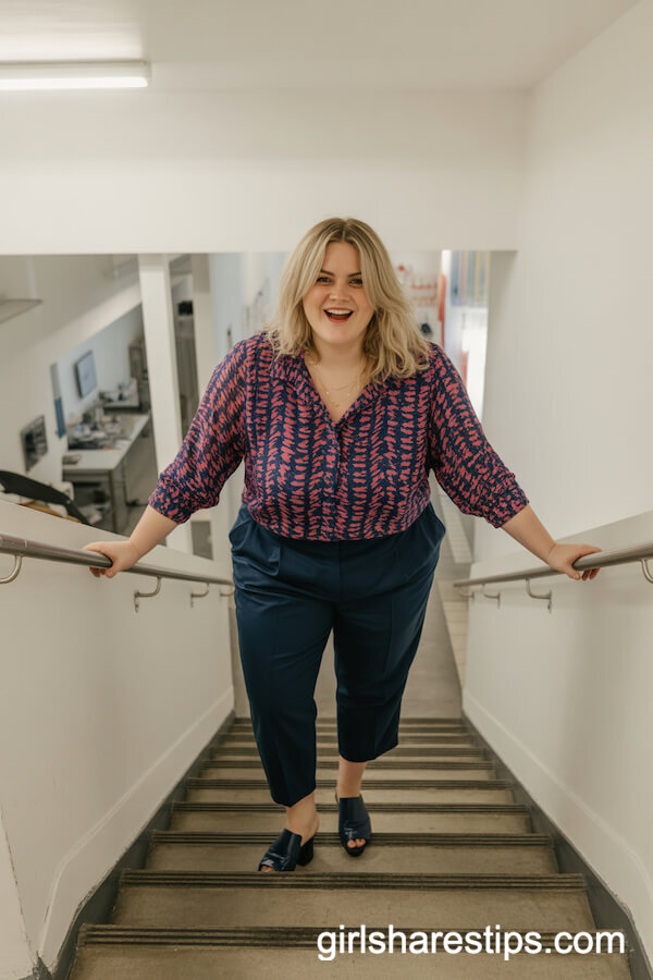 Bold Patterned Blouse and Navy Cropped Trousers Outfit