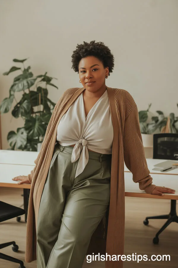 Long Tan Cardigan with Olive Green Slacks for Autumn Vibes