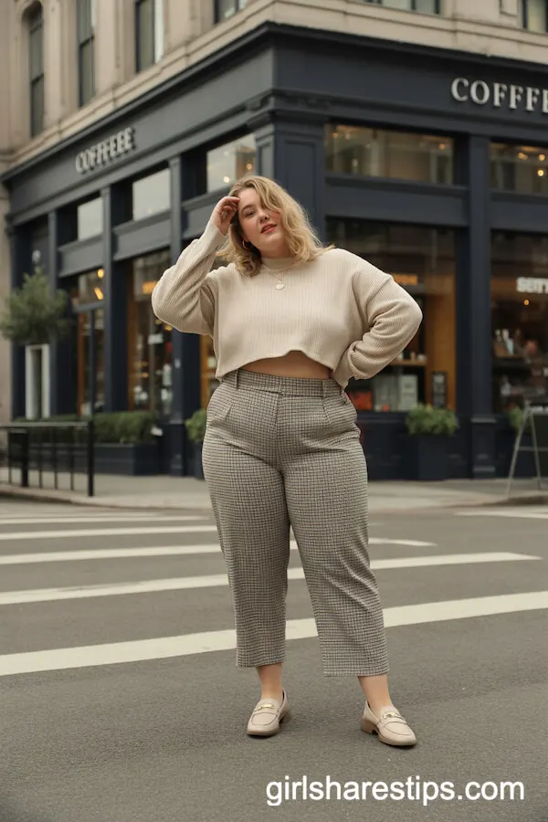 High-Waisted Plaid Trousers and Cream Sweater Power Ensemble