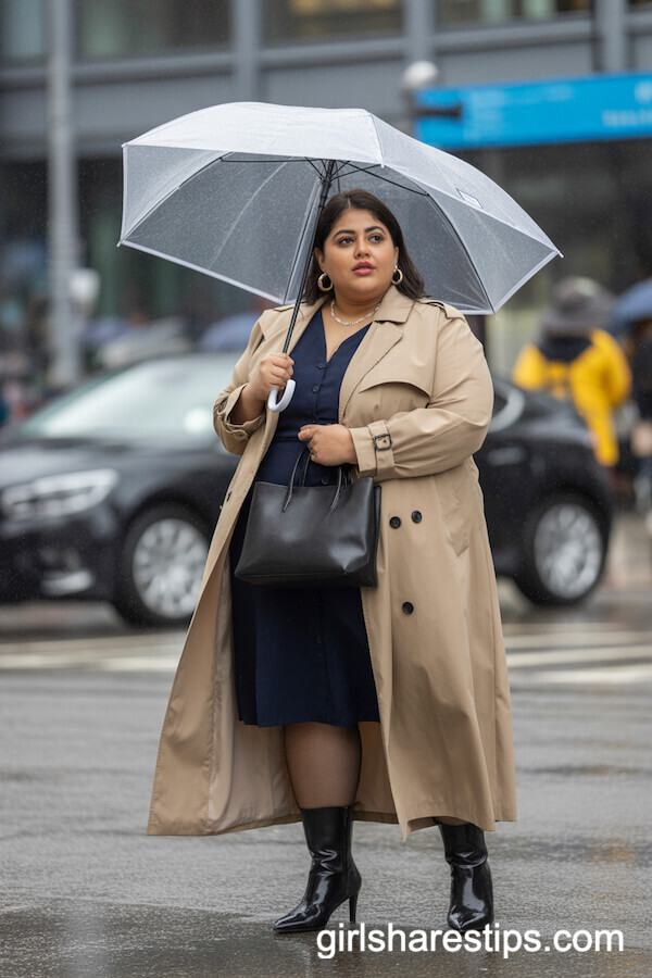 Beige Trench Coat and Navy Dress