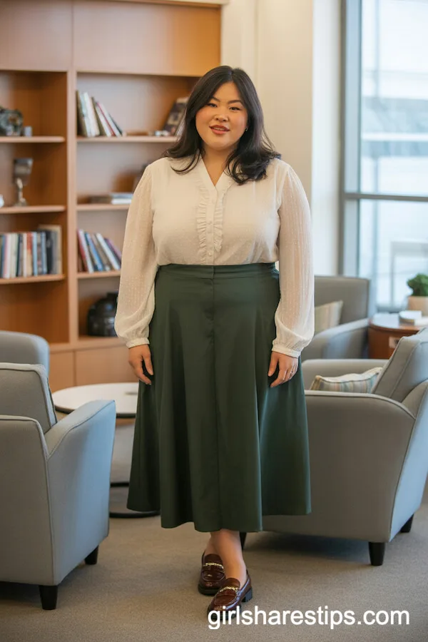 Ivory Ruffled Blouse and Green Midi Skirt for Classic Office Elegance