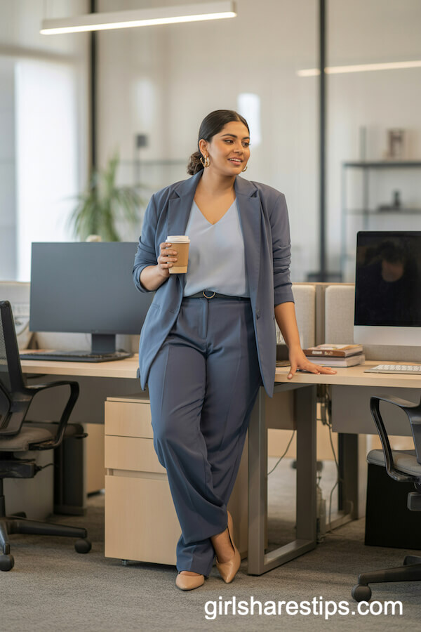 Grey Trouser Suit with a Soft Blue V-Neck Top