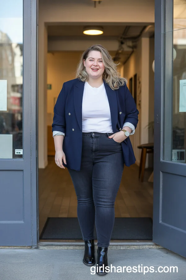Navy Blazer, White Tee, and Skinny Jeans Business Casual Combo
