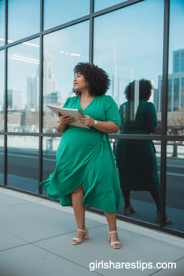 Emerald Green Wrap Midi Dress for Effortless Corporate Glam