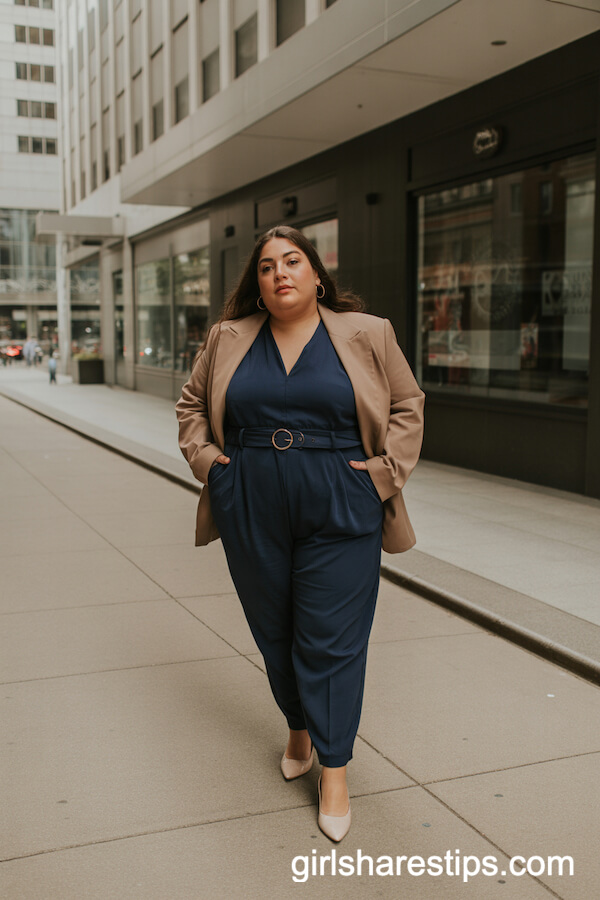 Navy Belted Jumpsuit and Tan Blazer for Boardroom Chic