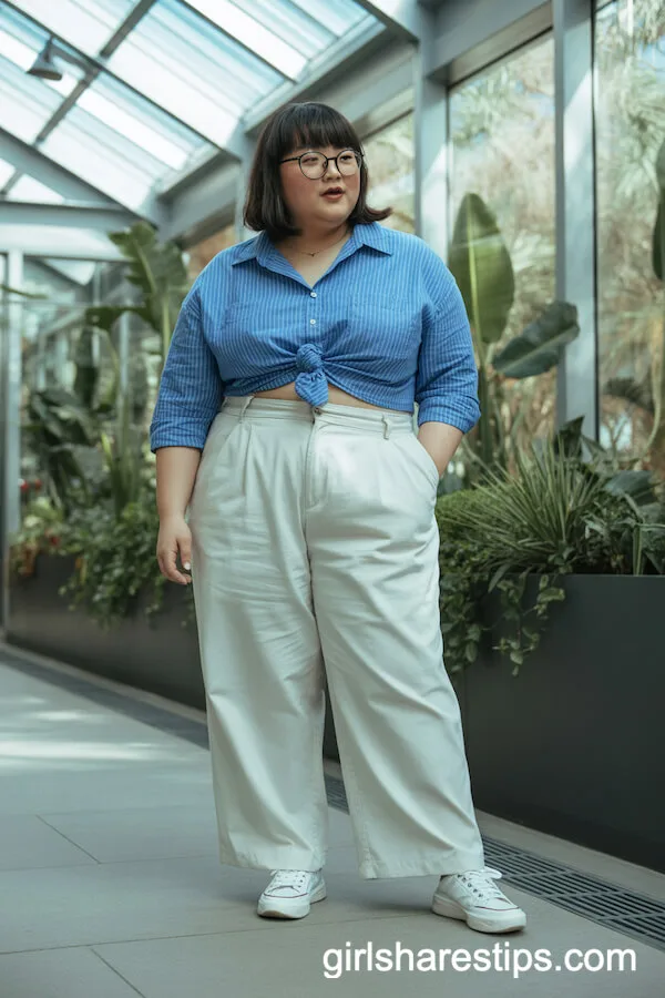 White Wide-Leg Trousers Blue Striped Shirt Office Style