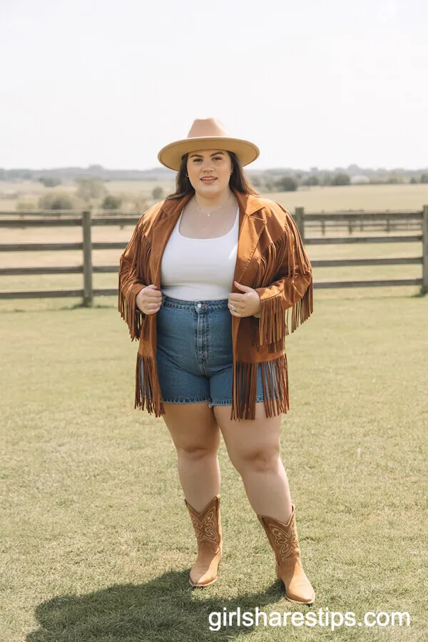 Fringed Suede Jacket with Denim Shorts and Cowboy Hat