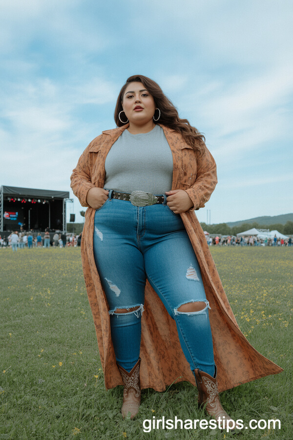 Printed Western Duster with Distressed Skinny Jeans and Cowboy Boots