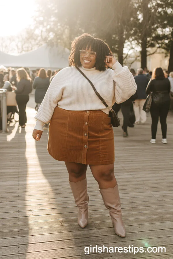 Chunky Knit Sweater with Rust Corduroy Skirt and Knee-High Boots
