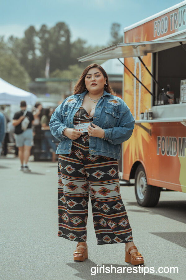 Southwestern Jumpsuit with Denim Jacket and Platform Sandals