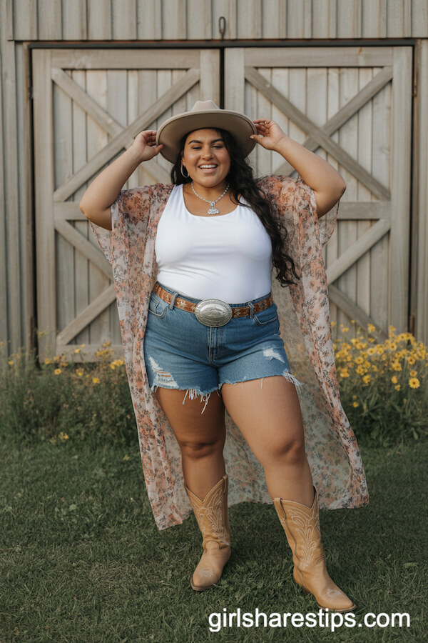 Flowy Floral Kimono with Jean Shorts and Cowboy Boots