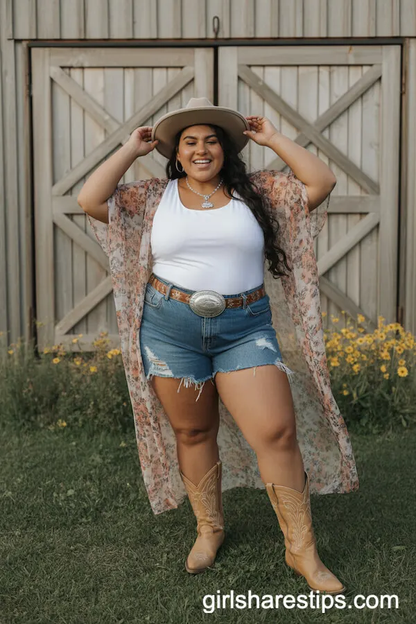 Flowy Floral Kimono with Jean Shorts and Cowboy Boots