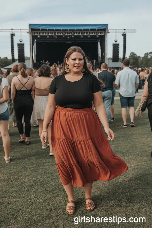 Tiered Rust Midi Skirt with Tucked-In Black Tee and Sandals
