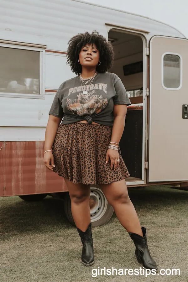 Vintage Graphic Tee with Leopard Print Skirt and Western Boots