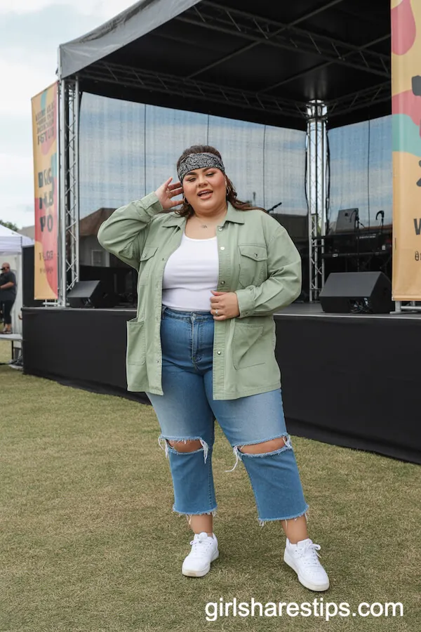 Utility Jacket with Frayed Cropped Jeans and Bandana Headband