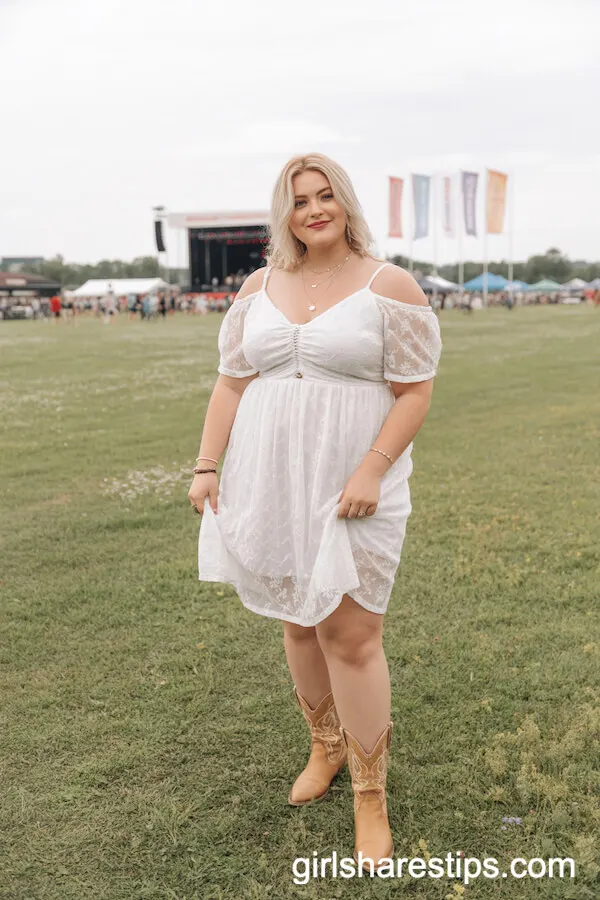 White Lace Off-Shoulder Dress with Classic Tan Cowgirl Boots