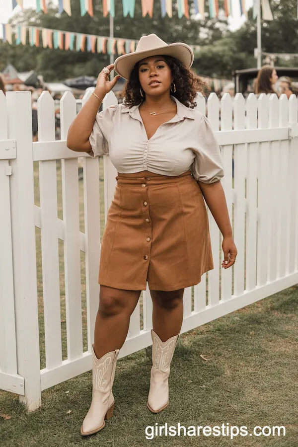 Button-Front Brown Suede Skirt with Tucked-In White Blouse and Cream Cowboy Boots