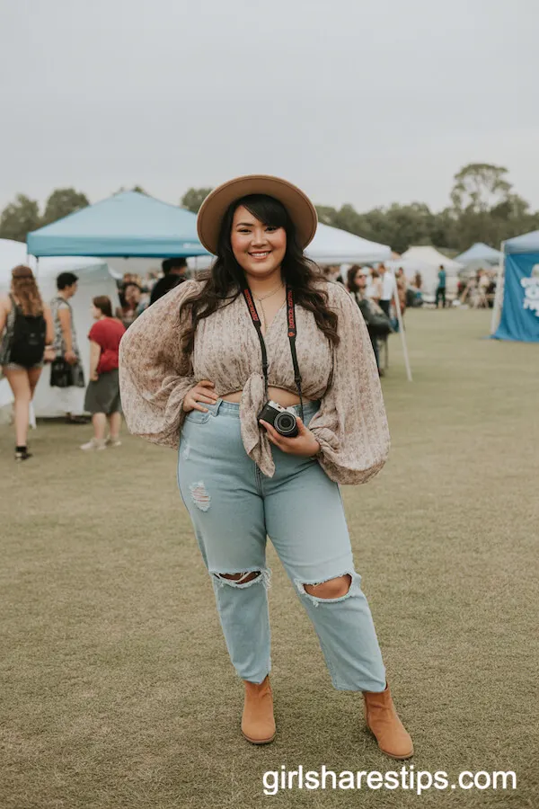 Ripped Jeans with Boho Printed Blouse and Floppy Hat