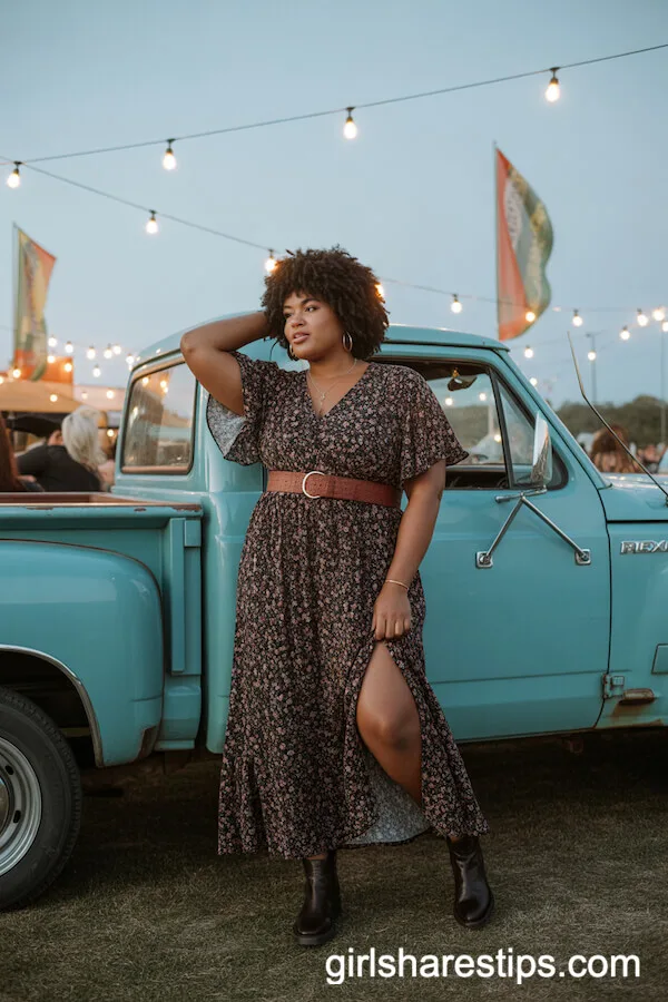 Floral Boho Maxi Dress with Wide Belt and Ankle Boots