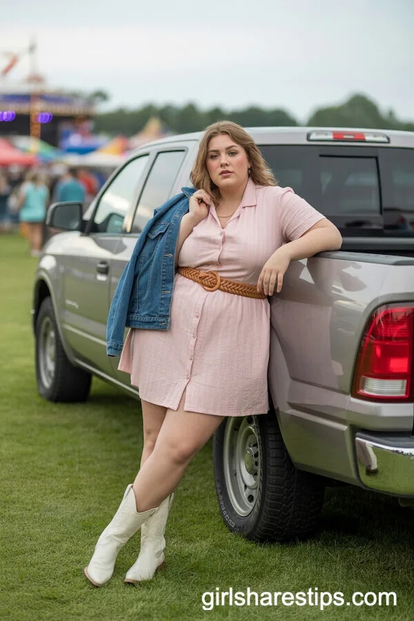 Pastel Pink Button-Down Dress with White Cowboy Boots and Denim Jacket