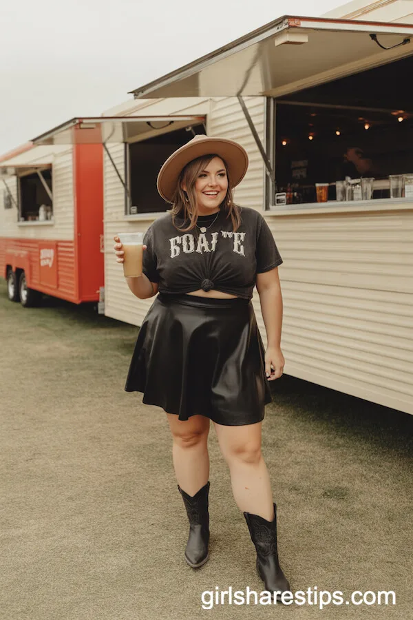 Knotted Band Tee with Faux Leather Skirt and Cowgirl Boots