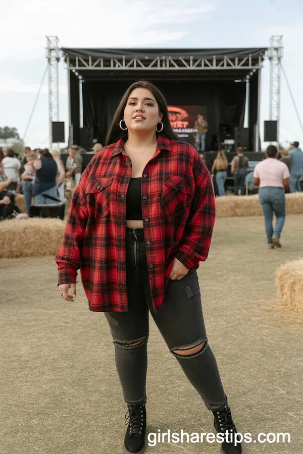 Plaid Flannel Shirt with Dark Skinny Jeans and Lace-Up Boots