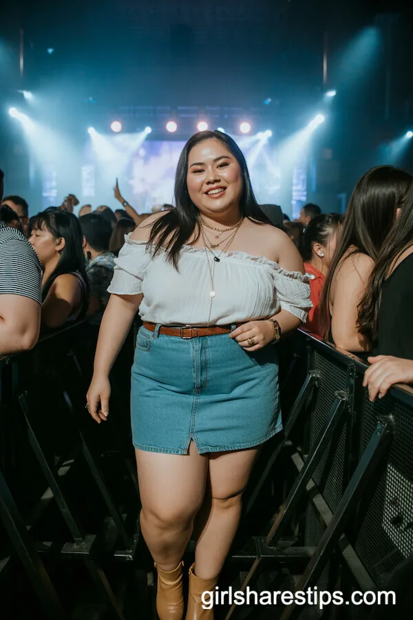 Off-the-Shoulder Ruffled Blouse with Denim Mini Skirt and Tan Ankle Boots